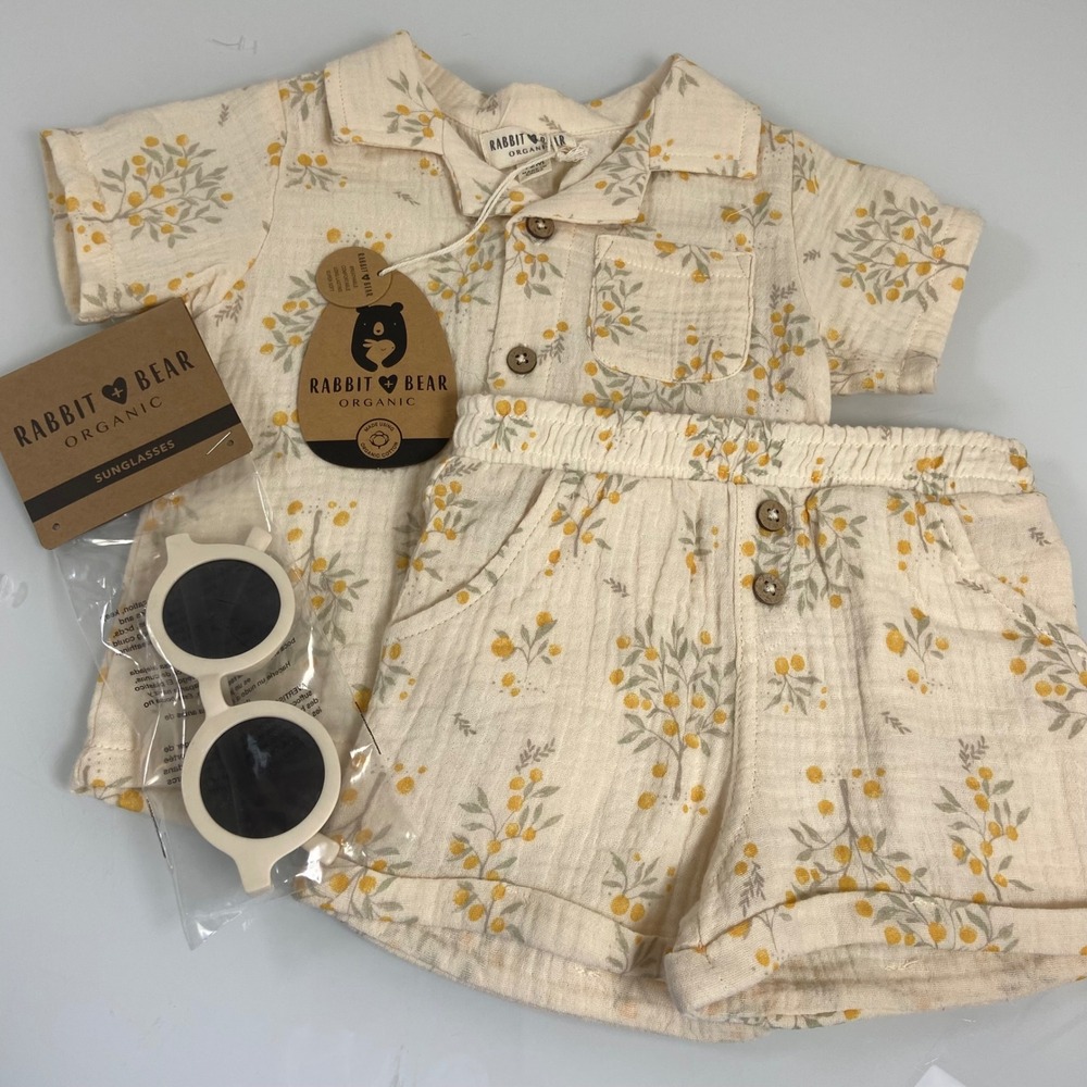 Rabbit + Bear Girl 12M Cream Floral Gauze Shirt Short Sunglasses Set NEW Organic